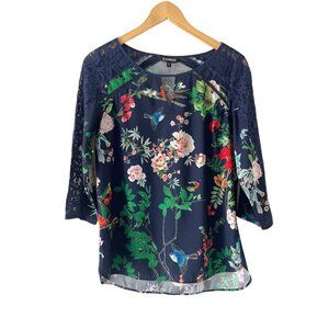 Express Floral Blouse Round Neck Blue Lace Size M 3/4 Sleeve